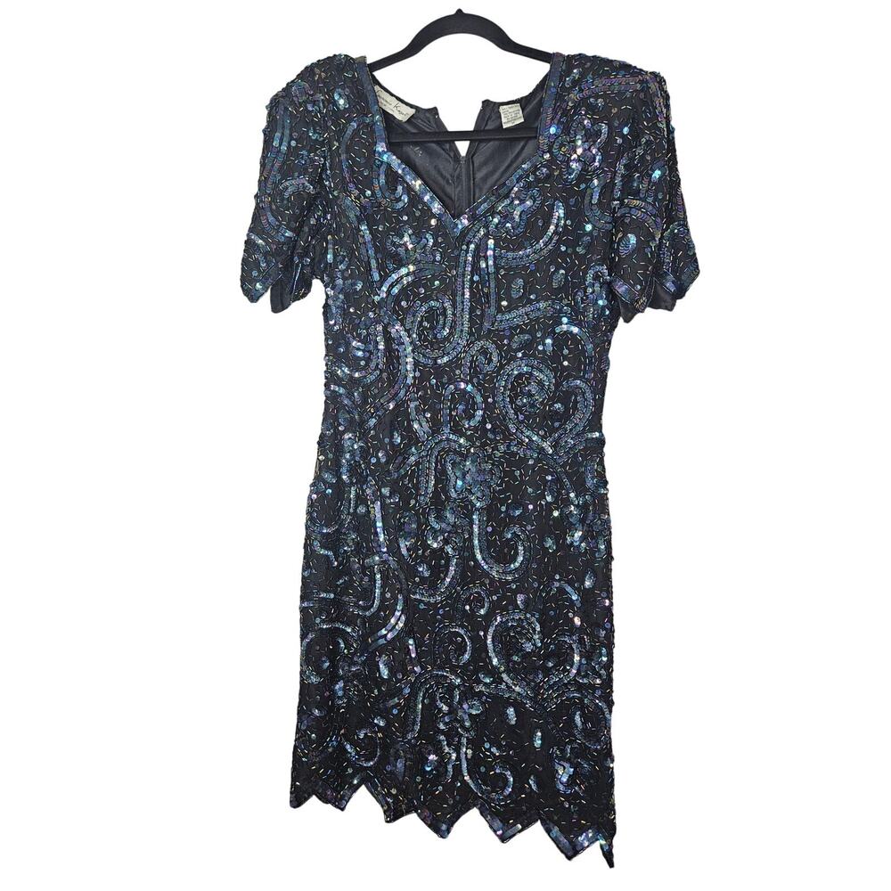 Vintage Laurence Kazar M Silk Fully Beaded Sequin Dress Glam Cocktail Formal